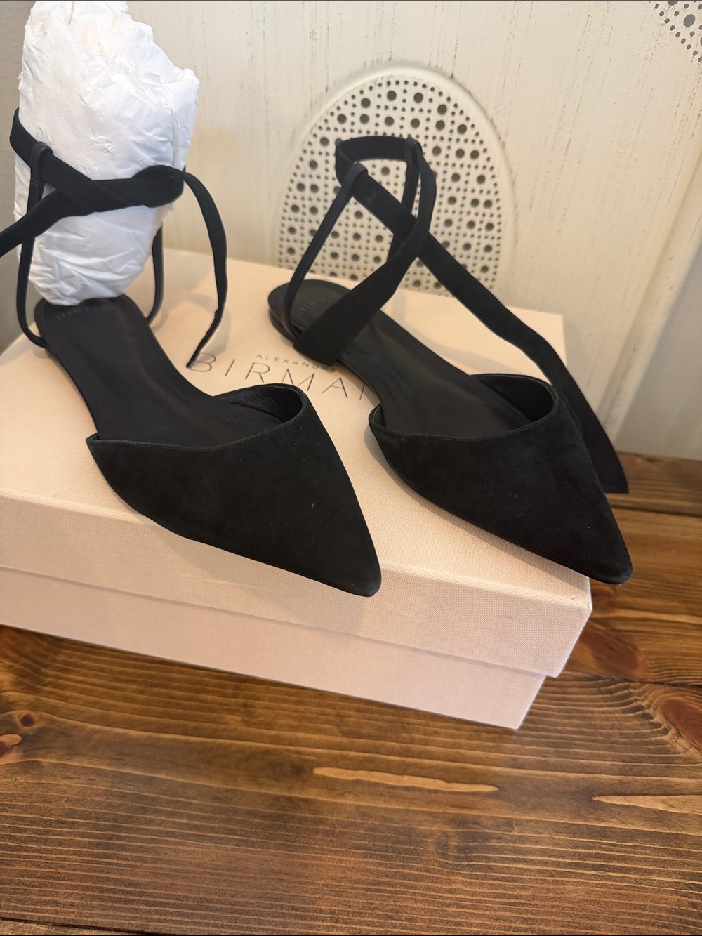 Alexandre Birman Black Suede Pointed-Toe Ankle Tie Flats 37